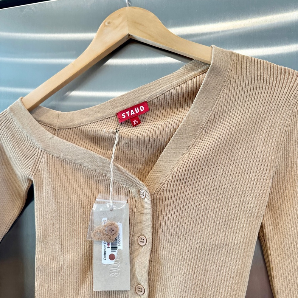 NWT Staud Craftsman Sweater Camel Tan Beige Off Shoulder camel Carmel button up - Picture 5 of 15